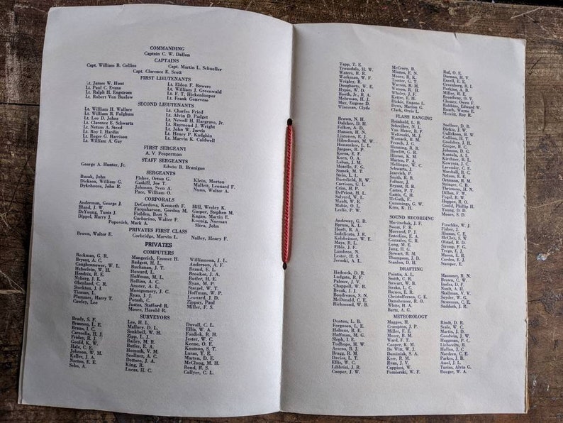 May include: Open book with a red string binding, featuring printed text in black ink. The pages display lists of names under headings like "Commanding," "Captains," and "First Lieutenants." The paper has a slightly aged, off-white color.