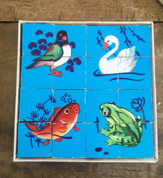 ヴィンテージ60年代キューブパズル：キッチュでかわいい動物ブロック 
