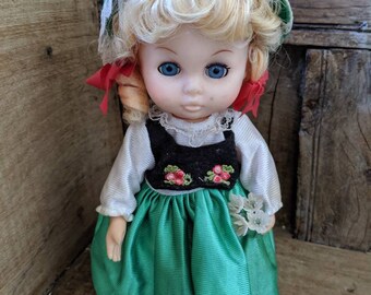 Vintage doll, musical doll, 1970s large doll, its a small world, moving doll, kitsch dolly, twisting doll, halloween doll
