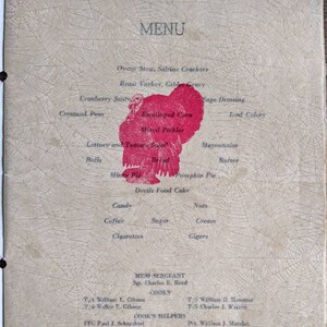 May include: A vintage menu with a textured, off-white background and a red turkey illustration. The menu lists various dishes, including oyster stew, roast turkey, and pumpkin pie. The word "MENU" is at the top.
