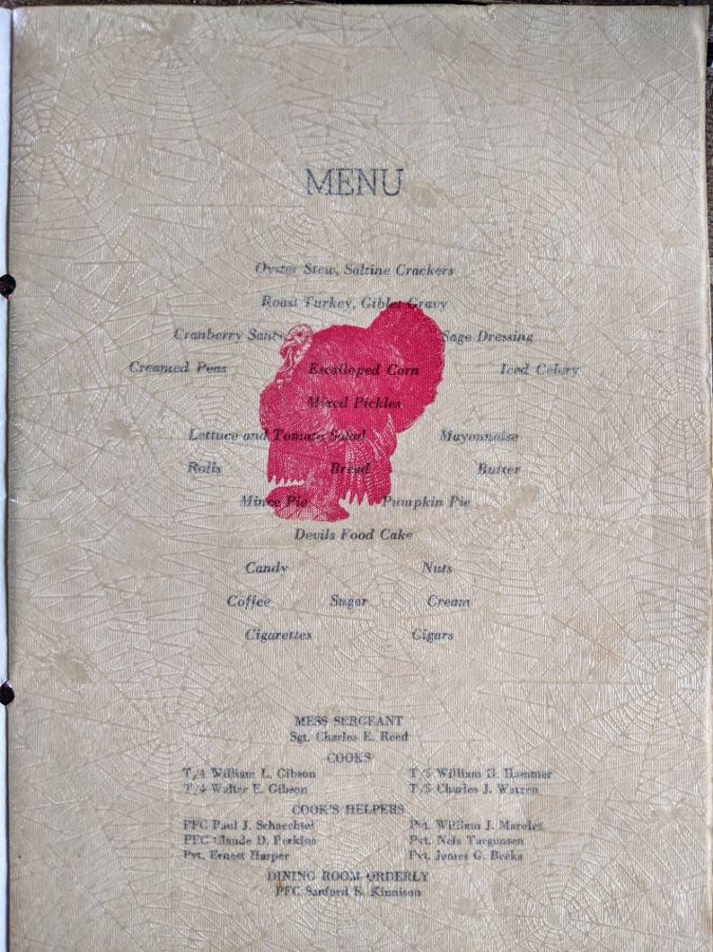 May include: A vintage menu with a textured, off-white background and a red turkey illustration. The menu lists various dishes, including oyster stew, roast turkey, and pumpkin pie. The word "MENU" is at the top.