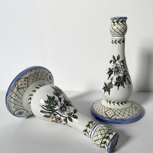 Vintage Pair Candlestick Holders Floral Hand Painted Made in Portugal