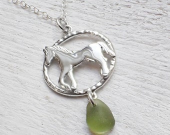 Horse Pendant, handmade recycled sterling silver, equestrian, green seaglass, necklace, sea, beach, horseriding, one of a kind, horses