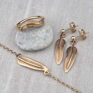 9ct Gold Sea Feather Collection, feather ring, bracelet, earrings, handmade, 9ct yellow gold, feathers, feather jewelry, jewellery set image 1