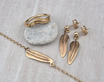 9ct Gold Sea Feather Collection, feather ring, bracelet, earrings, handmade, 9ct yellow gold, feathers, feather jewelry, jewellery set