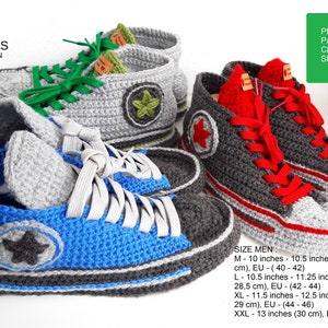 Puede incluir: Patrón de crochet para zapatillas en tres colores: gris con estrella verde, gris con estrella roja y azul con estrella gris. El patrón PDF incluye tallas para hombres de 25 a 30 cm.