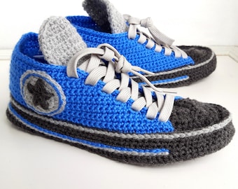 Crocheted original slippers, Handmade Men's Slippers in light blue, Crocheted Slippers Sneakers, Gift idea