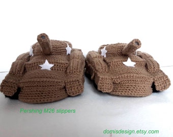 Crochet tank/ american tank/ slipper tank/ light brown slipper/ Tank Slippers M26 Pershing/  gift for men/ handmade slippers