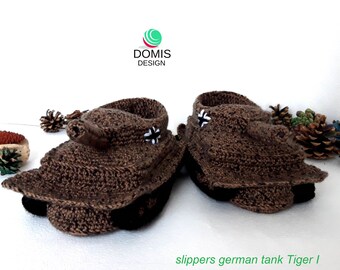 German Slippers,  Сolor brown melange slippers, German tank Tiger I , Gift for Men