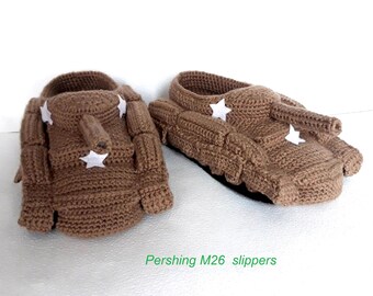 Tank Slippers M26 Pershing/ crochet tank/ american tank/ slipper tank/ light brown slippers/ gift for men/ handmade slippers