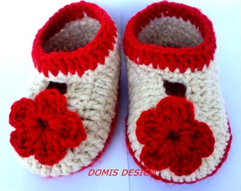 Crocheted Baby Booties Shoes Slippers for Little Girls in White with Crocheted Red Flower Gift for Babygirl