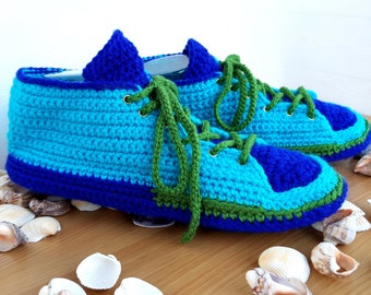 Colored hand-crocheted slippers style sneakers, Handmade Men's Slippers, Crocheted Slippers Sneakers, Gift idea /Product to order/