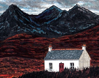 Dessin d'un paysage d'automne en Écosse, sur l'Île de Skye, Illustration aux feutres