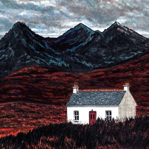 Desenho de uma paisagem de outono na Escócia, na Ilha de Skye, ilustração com canetas hidrográficas