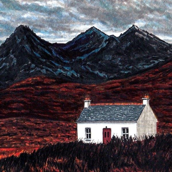 Drawing of an autumn landscape in Scotland, on the Isle of Skye, Illustration with markers