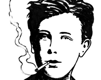 Portrait of the french poet Arthur Rimbaud, black and white illustration