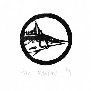 Linoprint of marlin black and white illustration of a fish