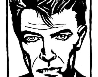 Portrait de David Bowie en noir et blanc, illustration aux feutres, Rock, Ziggy Stardust