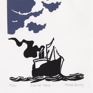 Linocut &quot;Gale&quot;, Linoprint, Block print, Illustration, Ship in the sea