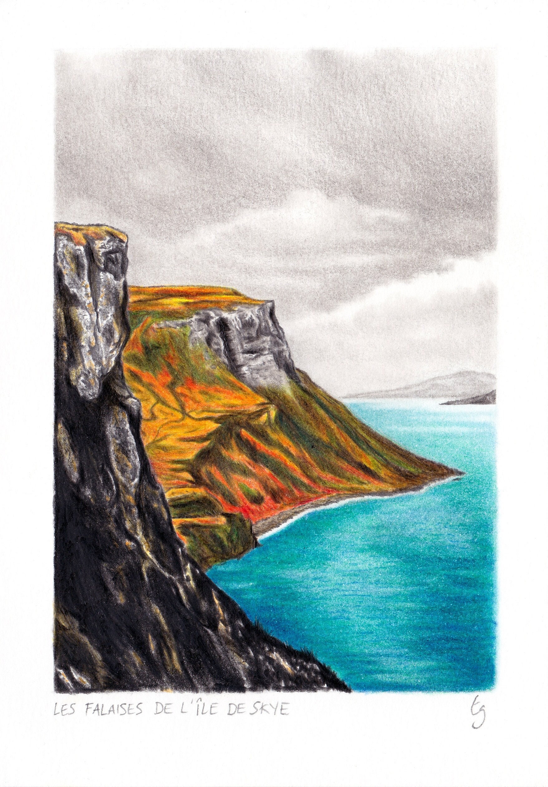 Dessin de falaises en Ecosse, illustration aux crayons de couleur, paysage  écossais sur l'île de Skye, bleu canard - Etsy France