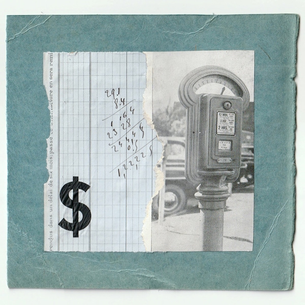 Urban collage, parking meter on blue vintage paper