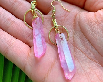 Quartz earrings, Hippie earrings, bohemian earrings, goddess earrings, crystal earrings, crystal hoop earrings, desert rose