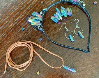 Rave outfit | Crystal cat ears, crystal jewelry set, cat ears headband, crystal healing jewelry, galaxy outfit