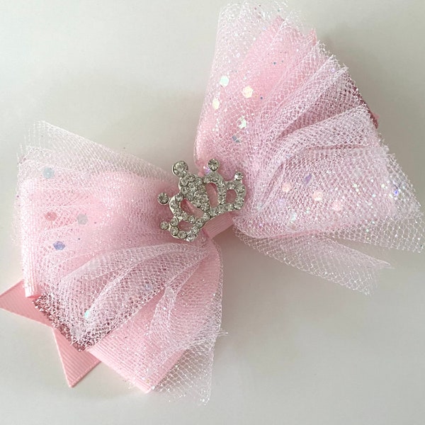 Pink Princess Bow Sparkly Pink Princess Bow with Tiara Princess Bow with Rhinestone Tiara Pink Tulle Bow Pearl Pink Princess Bow