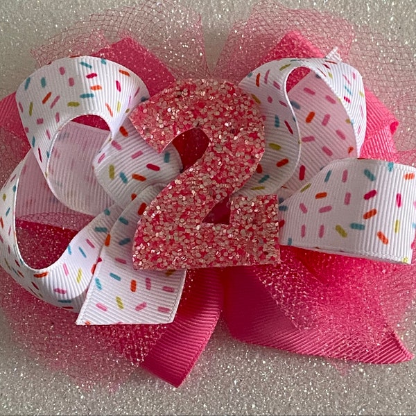 Hot Pink Sparkly Birthday Bow Hot Pink Confetti Bow Birthday Party Bow with Birthday Numbers Hot Pink Tulle Bow