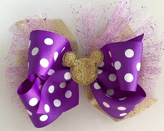 Purple Minnie Mouse Hair Bow Purple Polka Dot Minnie Bow Disney Bow Purple and Gold Minnie Bow Minnie Mouse Bow with GlitteryTulle