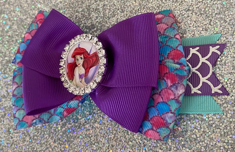 Ariel Hair Bow Little Mermaid Bow Purple Ariel Bow Sparkly Ariel Bow with Mermail Scales Disney Princess Bows Purple and Aqua Ariel Bow