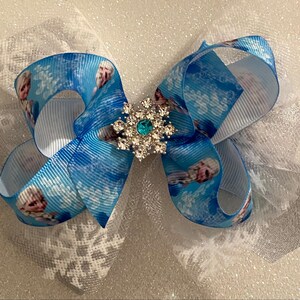 Elsa Bow with Snowflakes Bow Frozen Hair Bow Elsa Snowflake Bow Silver and Blue Elsa Bow with Rhinestone Snowflake Center