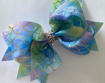 Shimmery Mermaid Scale Bow Gold and Purple Mermaid Bow Multi Colored Mermaid Scale Bow with Rhinestones Turquoise Jumbo Mermaid Bow