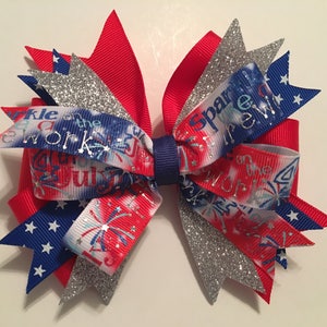 Fourth of July Bow July 4th Hair Bow Red White Blue Silver Patriotic Bow with Fireworks Sparkly July 4th Bow Fireworks Bow Shiny Silver Bow