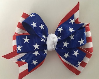 July 4th Hair Bow Fourth of July Hair Bow Patriotic Bow Red White Blue Bow Red Blue Star Bow USA Bow Stars and Stripes Bow