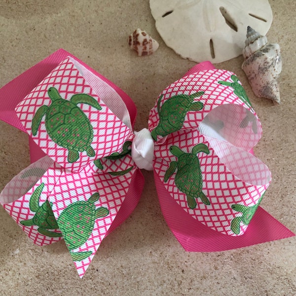 Sea Turtle Hair Bow Nautical Hair Bow Summer Bow Pink and Green Bow Preppy Bow Beach Bow Turtle Bow Pink and Green Turtle Bow