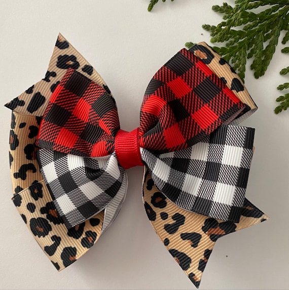 Chirstmas Bow Leopard Christmas Bow Red and Black Plaid Bow Red and Black Checked Bow Leopard Bow Holiday Bow
