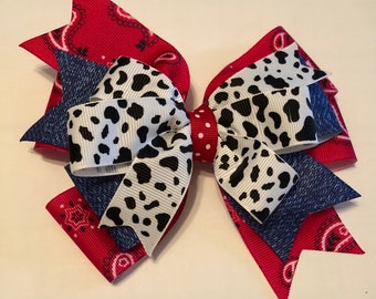 Western Hair Bow Cowgirl Bow Red Bandana Bow Faux Denim and Cow Print Bow Cowgirl Bow Jesse Hair Bow Denim and Bandana Bow
