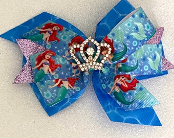 Stunning Ariel Bow with Rhinestone Crown Ariel Bow Bow Sparkly Ariel Bow Blue and Purple Mermaid Bow Disney Princess Bow Little Mermaid Bow