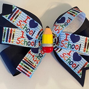 Back to School Bow Caryon Bow Navy and Yellow School Bow with Pencil Center Pencil Hair Bow Crayon Bow School Bow with Crayon Ribbon