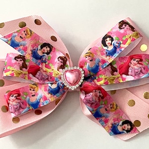 Disney Princess Bow Many Princesses Bow Gold and Pink Princess Bow Princess Bow with Heart Center Elegant Princess Bow Pink and Gold Bow