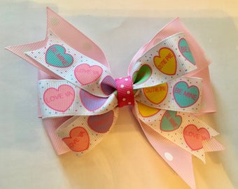 Valentine's Day Hair Bow Valentine's Day Bow Heart Bow with colorful Hearts Bow with Conversation Heart Ribbon Pink Valentine's Day Bow