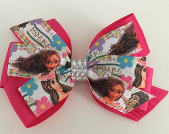 Lazo para el cabello de Moana Lazo de princesa Disney Lazo de princesa Moana Lazo rosa fucsia de Moana Lazo de Disney Lazo de Moana con centro de purpurina plateada Lazo para el cabello rosa de Moana