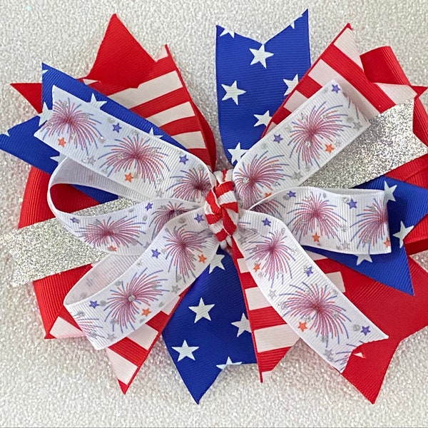 Jumbo Fourth of July Hair Bow Red White and Blue Bow Stars and Stripes Bow Sparkly Fireworks Bow Patriotic Bow Glittery July 4th Bow