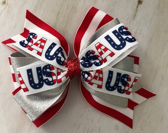 Fourth of July Bow Red White Blue Bow July 4th Bow USA Hair Bow Silver and Red Bow Patriotic Hair Bow Red and WHite Striped Bow