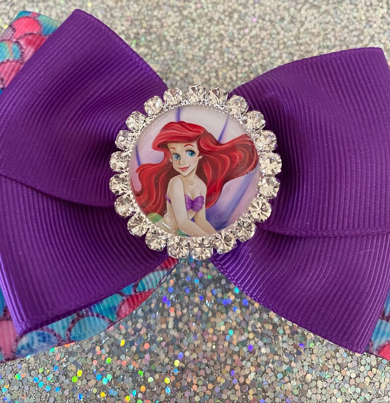 Ariel Hair Bow Little Mermaid Bow Purple Ariel Bow Sparkly Ariel Bow with Mermail Scales Disney Princess Bows Purple and Aqua Ariel Bow