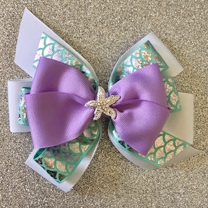 Little Mermaid Bow Ariel Hair Bow with Rhinestone Starfish Purple Mermaid Bow Disney Princess Bow Aqua Mermaid Bow with Mermaid Scale Ribbon