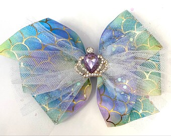 Beautiful Mermaid Bow with Tiara Center Mermaid Scale HAir Bow Lavender Mermaid Bow Purple Mermaid Bow with Tulle Sparkly Mermaid Bow
