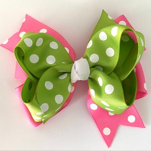 Pink and Lime Green Bow Pink and Green Polka Dot Bow Preppy Summer Bow Green and Pink Hair Bow