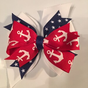 Fourth Of July Bow July 4th Bow Nautical Hair Bow Patriotic Hair Bow Red White Blue Bow Red Anchor Bow Navy Stars and Anchor Bow Beach Bow